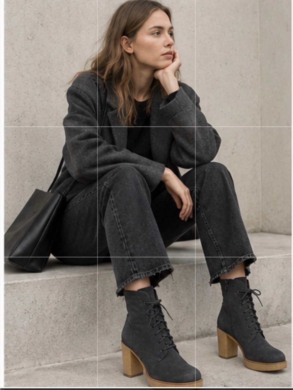 Euro Black Leather Nubuck Lace-Up Platform Ankle Boots - Chunky Block Heel EU 40